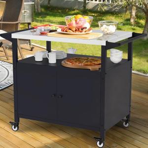 RAXSINYER Outdoor Grill Table with Storage, Stainless Steel Grill Cart, Outdoor Kitchen Island Prep Stand Station,Blackstone Griddle Stand, BBQ Serving Cart Rolling Bar Cart with 4 Utensil Hooks 1