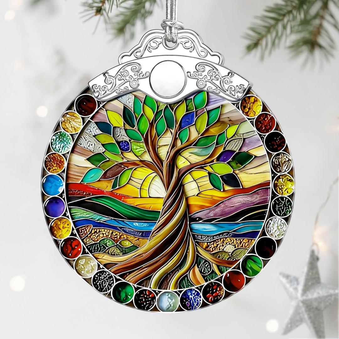 3 x Stained Glass Ornament, Tree of Life Christmas Ornaments, Christmas Tree Ornaments, Holiday Ornament & Festive Home Decor, Exquisite Party Gifts for Nature Lovers & Tree of Life Gifts