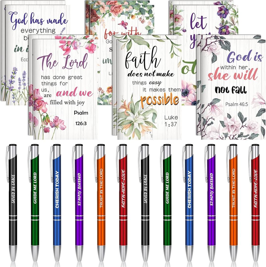 Geyee 24 Pcs Christian Gifts for Women Bulk Christmas Gifts Mini Religious Notepads and Pens Prizes Gift Bible Verse Scripture Journals for Church Women Coworkers Office Travel Favors(Bible)