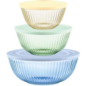 Pyrex Colors Tinted 6-PC Full Set, Small/Medium/Large Glass Mixing Bowls With Lids, Nesting Space Saving Set of Bowls For Prepping and Baking, 1.3QT, 2.3QT & 4.5QT (Yellow, Green, Blue)