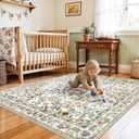 5x5 Living Room Area Rug Washable: Floral Non-Slip Mats for Indoor Floor Entryway Dining Room Bedroom - Soft Thin Carpet for Vintage Neutral Home Decor (5ft Square, Beige)