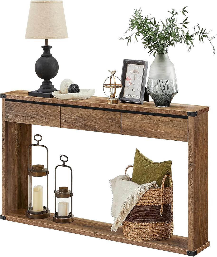 VASAGLE Sofa Console Table, 47.2 Inches Narrow Entryway Table with 3 Drawers, Bottom Shelf, Metal Corners, for Living Room, Bedroom, Farmhouse Style, Honey Brown ULNT143KB01S