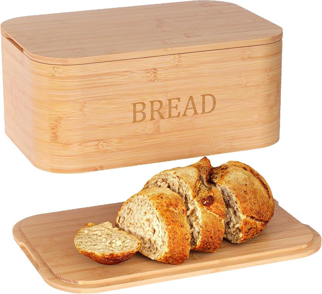 Bread Box for Kitchen Countertop,Curved Bamboo Bread Boxes with Cutting Board Lid,Wooden Bread Storage,Bread Container Airtight,Food Storage for Kitchen Counter (Natural)