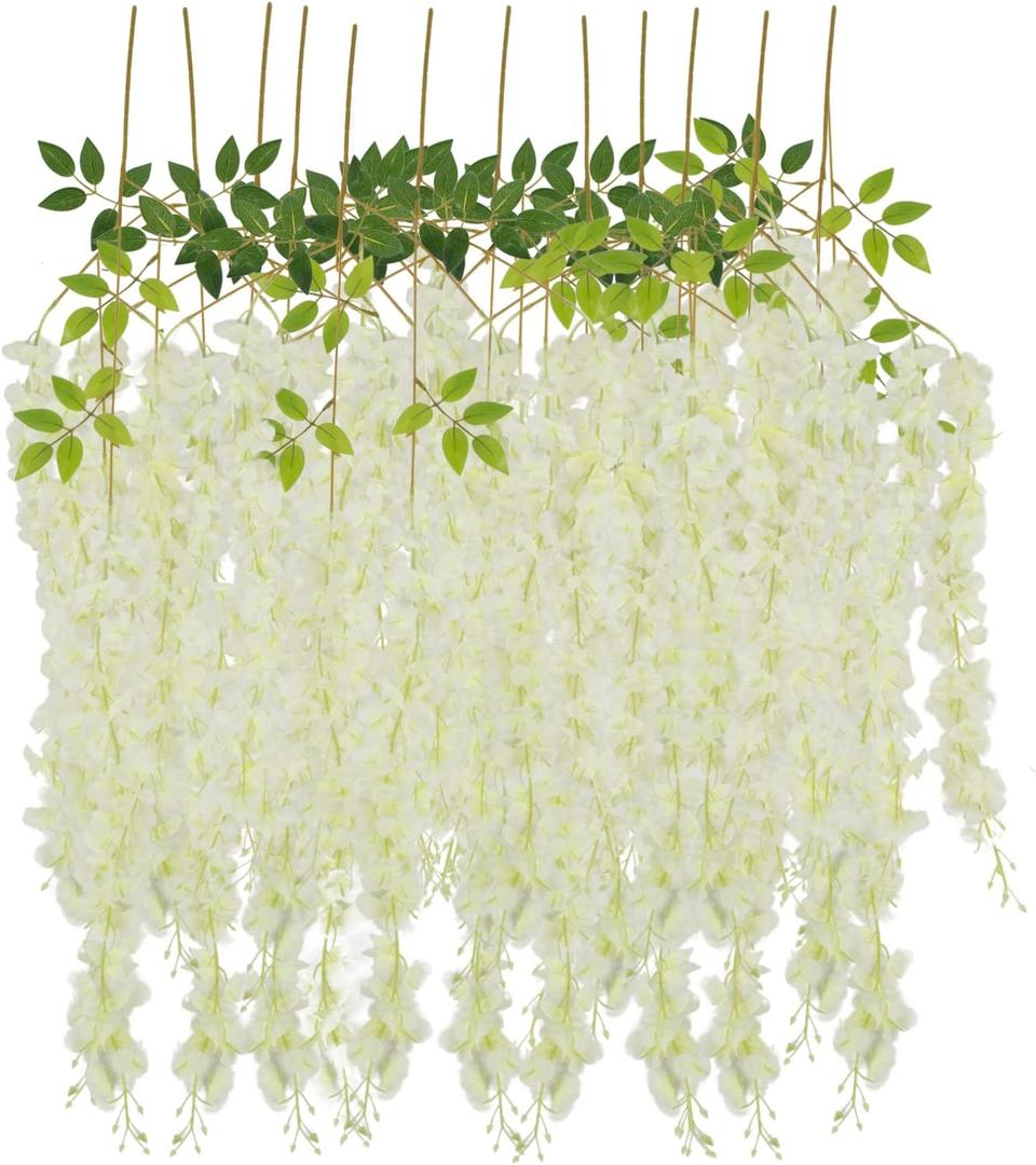 12 Pcs, Hanging Wisteria Vines Silk Flower Stem - Ivory for Wedding Reception, Baby Shower, Bridal Shower, Sweet 16 Celebration