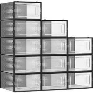 SONGMICS Shoe Boxes, Pack of 12 Shoe Storage Organizers, Stackable Clear Plastic Boxes for Closet, Sneakers, 13.1 x 9.1 x 5.6 Inches, Transparent and Black ULSP006B12
