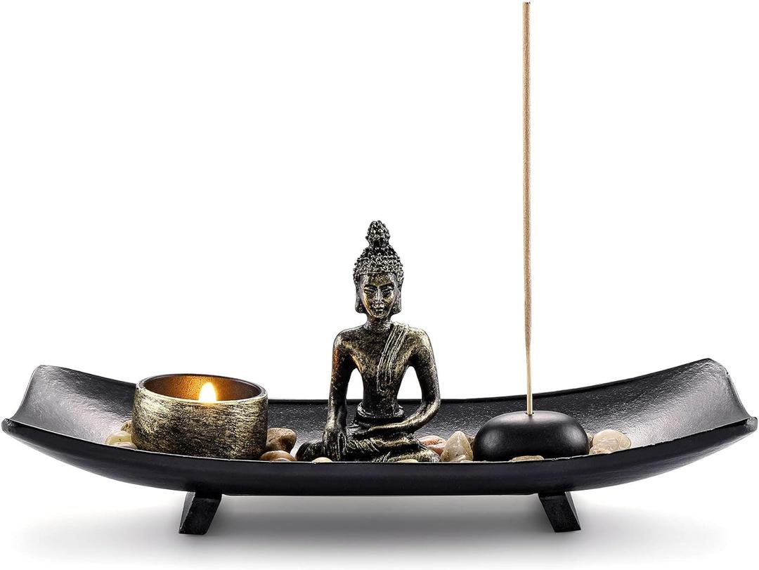 Jovivi Zen Garden Set Buddha Statue w/Tealight Candle Holder, Rocks & Incense Burner Holder & Wood Tray for Yoga Meditation Home Table Decor Gift