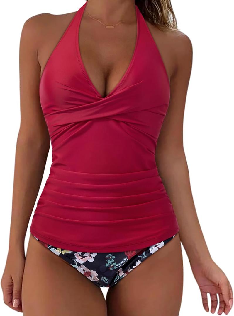 SUUKSESS Women Sexy Halter Tankini Bathing Suits Slimming Tummy Control High Waisted Swimsuits 2 Piece (06 Red Floral, XL)