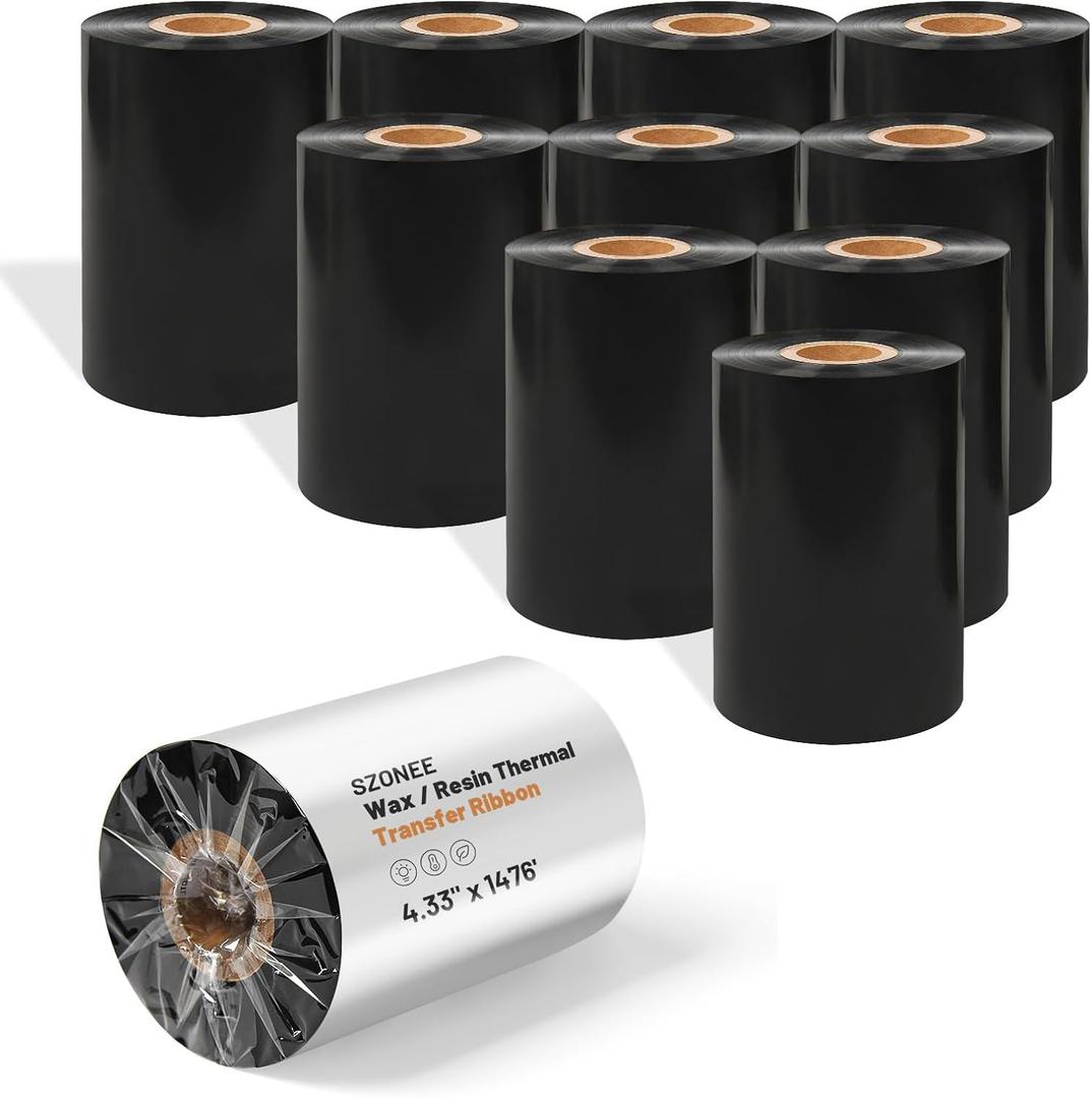10 Rolls Resin Enhanced Wax Ribbon 4.33" x 1476' 1" Core Thermal Transfer Ribbon for Barcode Labels, CSO-Ink Outside, Compatible with Zebra, Sato, Datamax, TSC, GoDex, Citizen
