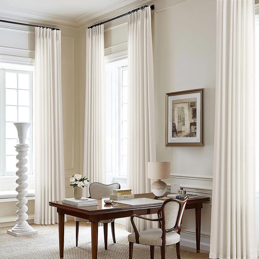 Pinch Pleated Linen Curtains 108 Inches Long for Living Room with Hooks Rings Back Tab Pinch Pleat Drapes for Track System Cream Ivory Light Filtering Semi Sheer 108 Inch Curtains for Dining Bedroom (Natural)