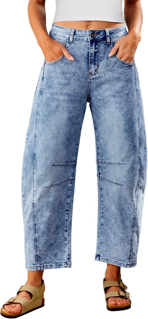 Utyful Barrel Jeans Women Cropped Baggy Trendy High Waisted Distressed Loose Stretch Denim Trouser Jeans with Pockets (Blue, M)