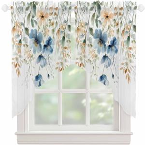 Flowers Eucalyptus Swag Curtain Valance for Kitchen Window,Botanical Blue Beige Floral Leaves Voile Sheer Tier Curtain,Watercolor Plants Rod Pocket Short Swag Topper for Bedroom Cafe 28"x36" 2 Panels