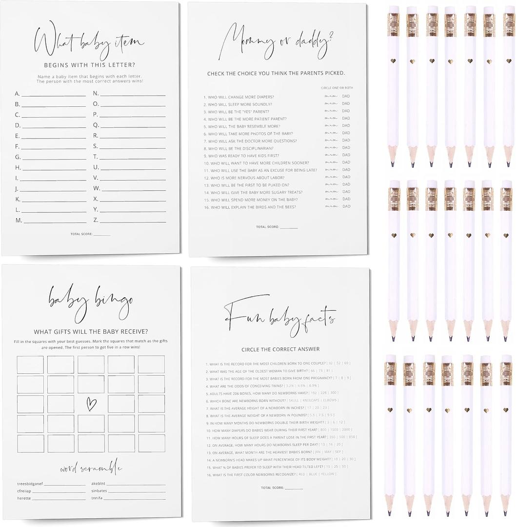 Baby Shower Games, Set of 4 Minimalist Baby Shower Games for 30 Guests, Boy or Girl, Double-Sided Cards, 30 Pencils (Minimalist)