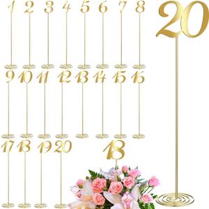 Therwen 20 Pcs Metal Table Numbers 1-20 Table Numbers for Wedding Reception 12 Inch Stainless Steel Party Desk Figure with Sturdy Holder Base for Banquet Wedding Party Event Catering (Gold)
