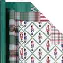 LaRibbons Reversible Christmas Wrapping Paper Mini Roll, 3 Rolls 17" x 120" , Featuring Northfolk Pine Nutcracker Soldiers, Plaid, Stripes and Argyle Patterns, Ideal for Christmas, Holiday, Winter Parties