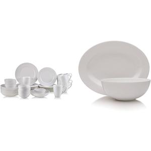 Mikasa Annabele Chip Resistant 40-Piece Dinnerware Set, Service For 8,White & Delray 14-Inch Oval Platter and 9-Inch Vegetable Bowl Set, White -