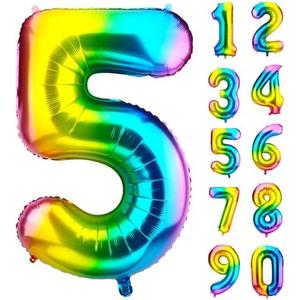 Pack of 3, DecorWoo 40 inch Rainbow Number 5 Balloon, Colorful Gradient Number 5 Birthday Balloons, Large Number Foil Balloons for Party Supplies Wedding Anniversary Events Decorations