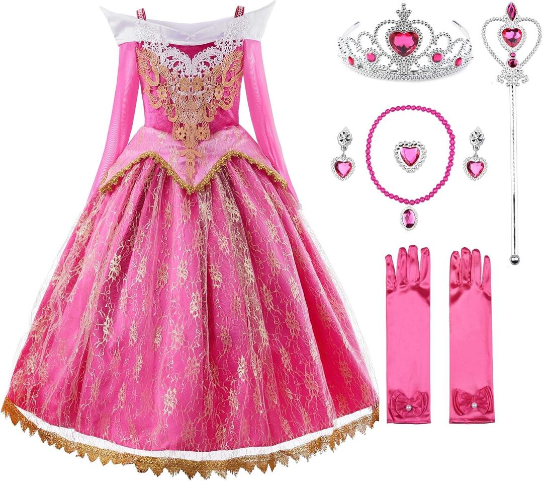 JerrisApparel Girls Pink Princess Costume Halloween Cosplay Party Dress up (5, Pink With Accessories)