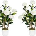 Jcezvnt 2 Pack Artificial Camellia Tree with White Pot, 24" Faux Potted Plants for Indoor Outdoor Decor, Tall Silk Greenery Plant for Home Office Living Room Balcony, White