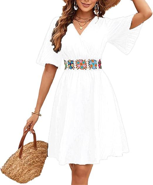 TDiooCor 2026 Casual Short Summer Bohemian Dresses for Women Casual Flowy Puff Sleeve Knee Length Midi Sun Dress, White Large