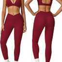ABOCIW Womens Two Piece Workout Sets Deep V Neck Sports Bra Crossover Leggings with Pockets Gym Yoga Pilates Outfits (Small, Cherry Red)