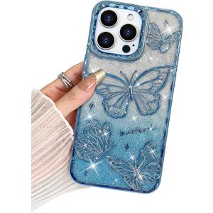 BITOBE Designed for iPhone 12 Pro Max, Cute 3D Butterfly Case Slim Plating Glitter Bling Luxury Cover for Women Girls Protective Camera Protection Bumper 6.7" Blue