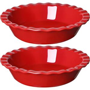 LE TAUCI Ceramic Pie Pans for Baking, 9 Inches Pie Plate for Apple Pie, Pecan Pie, 52 Ounce Deep Pie Dish, Set of 2, Red