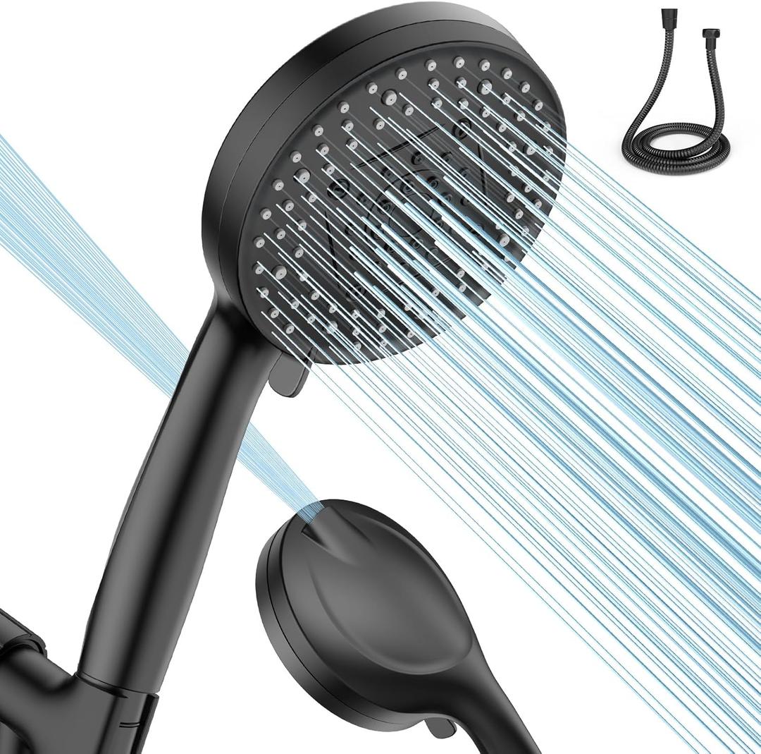 VOXON Shower Head 10 Functions, High Pressure Handheld Shower Head, Built-in 2 Power Wash Mode to Clean Corner, Non-Clogging Nozzles, Leakproof Stainless Steel Hose&Metal Bracket, Black