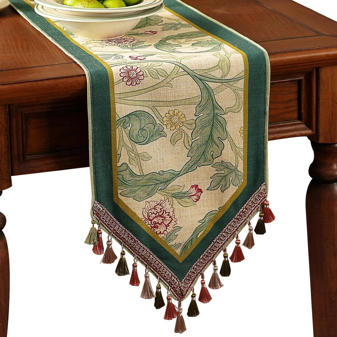 patdrea Designer Green Floral Extra Long Table Runner,French Elegant Vibrant Rustic Linen with Green Leaves Patterns Fabric Table Mat,Decoration for Kitchen Dining Room Banquet Christmas,12"*118"