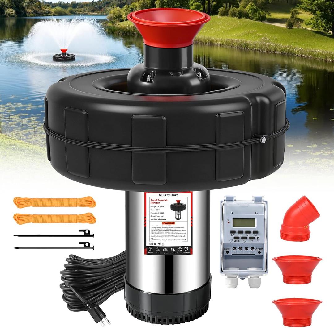 Pond Fountain Aerator, 1HP 110V 750W 15000 GPH Floating Fountain Pump with 100 FT Power Cord, 2 x 100 FT Rope, Timer, Fully Automatic Powerful Aerating Fountain for Larger Ponds, Lakes