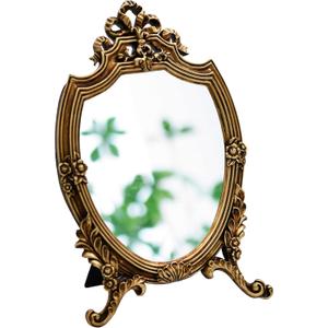 Eaoundm Resin Frame Decorative Wall Mirror Makeup Mirror Tabletop Mirrors, for Bedroom Living-Room Dresser Decor 8.2W x 13 L inchs (Vintage Gold)
