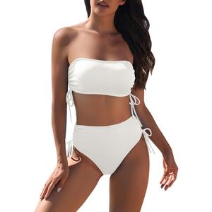 Pink Queen Women's 2 Piece High Waisted Bikini Sets Ribbed Bandeau Ruched Drawstring Swimsuit Bathing Suit (Large, White)
