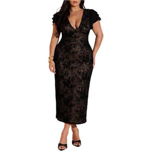 BEAUDRM Women's Plus Size Cocktail Floral Maxi Dress Deep V Ruffle Short Sleeve Bodycon Mesh Wedding Guest Party Dresses (Black, XL)