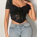 OYOANGLE Women's Floral Lace Sheer Short Sleeve Corset Crop Top Sweetheart Neck Tie Front Fitted Tshirts (Black, S)
