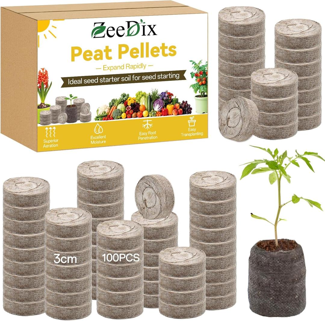 ZeeDix 100Pcs 30mm Peat Pellets for Seedlings, Seed Starter Pods Seed Starting Plugs Soil, Compressed Nutrient Block Potting Soil Discs Pellet for Planting Herbs Flowers Vegetables