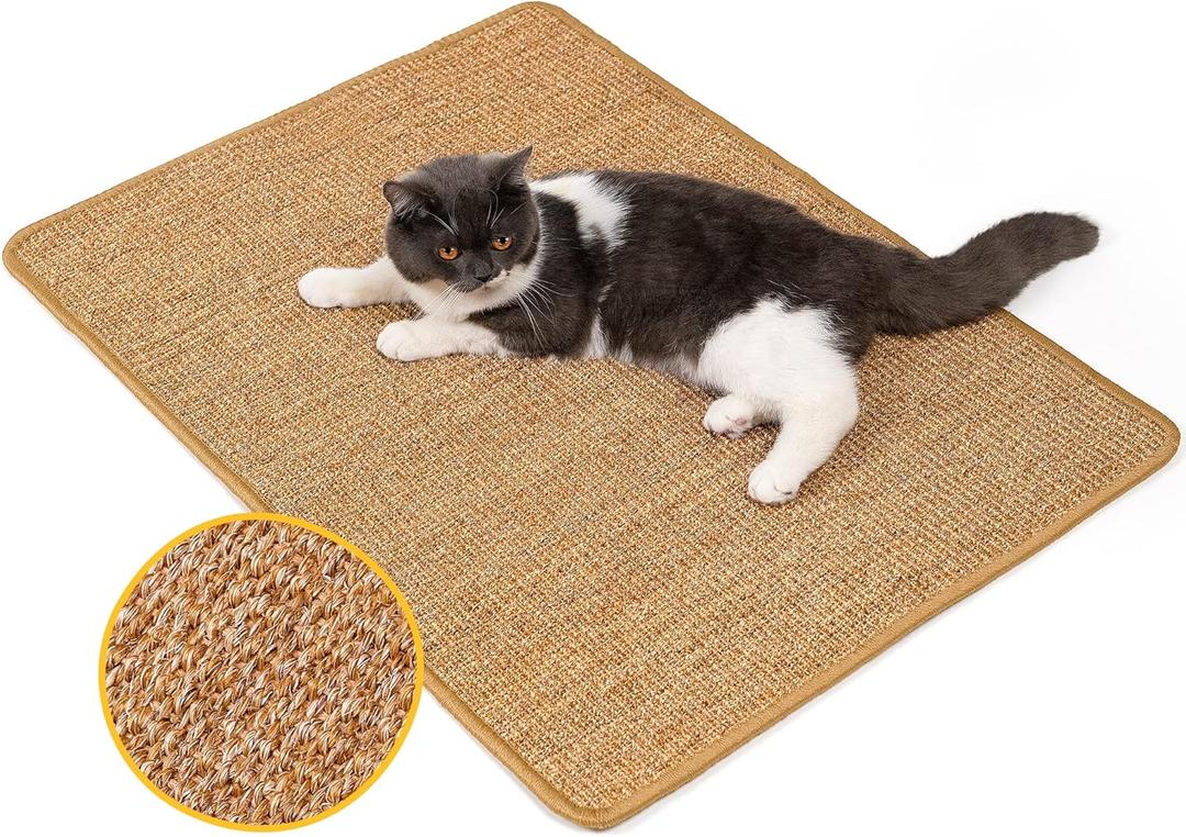 Cat Scratcher Mat,Natural Sisal Cat Scratch Pad with Hook&Loop Tape,Horizontal Floor Kitten Scratching Pads Rug for Indoor,Pet Furniture Protector for Couch&Carpets&Sofas, Large, Brown (1 Pack-L (31.5'' X 23.6"))