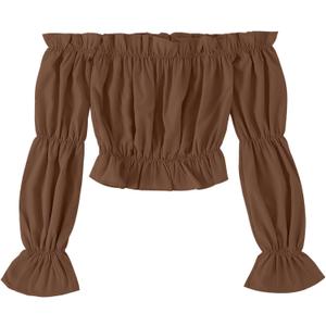Women Renaissance Blouse Crop Tops Ruffle Trim Puff Medieval Victorian Off Shoulder Top Halloween Pirate Costume (Large, Brown)