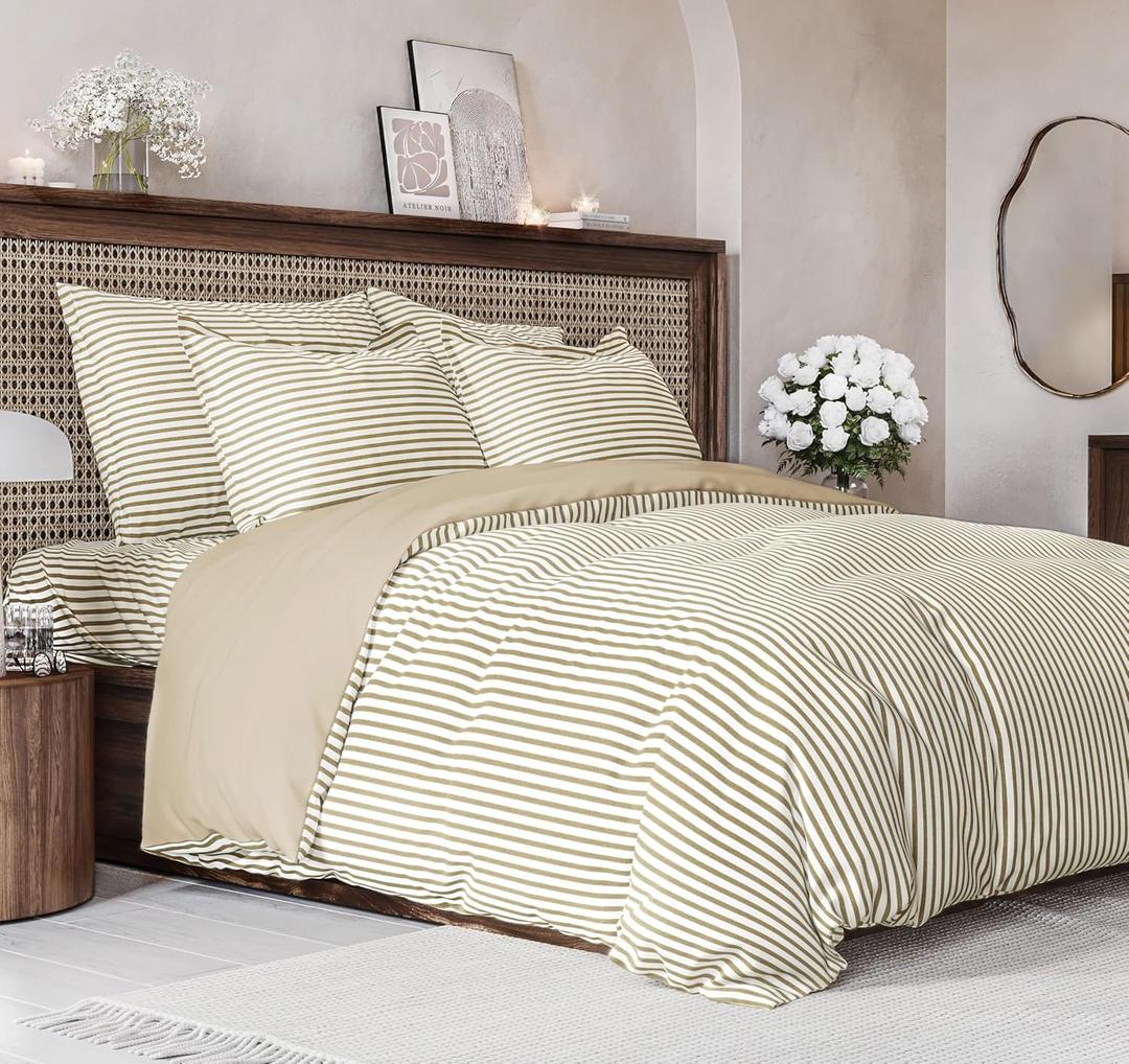 Duvet Cover Full Size Set - Extra Soft Full Size Duvet Cover 80 x 90 with 2 Pillow Shams - Hotel Luxury Easy Care and Fade Free w/ Zipper Closures & Ties - Comfy Breathable Bedding Set (Beige Stripes)