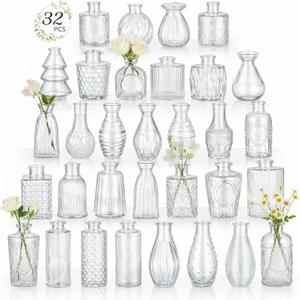 RUCKAE 32 Pack Flower Vase Mini Glass Bud Vases Vintage Small Vases for Centerpiece Table Wedding Decorations Home Decor Party (Transparent)