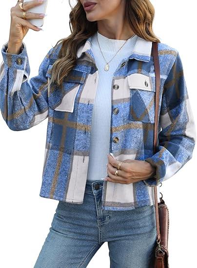 HWOKEFEIYU Fall Flannels for Women Cropped Shacket Jacket Plaid Long Sleeve Button Down Shirt 2025 Coat Tops (Small, Blue)