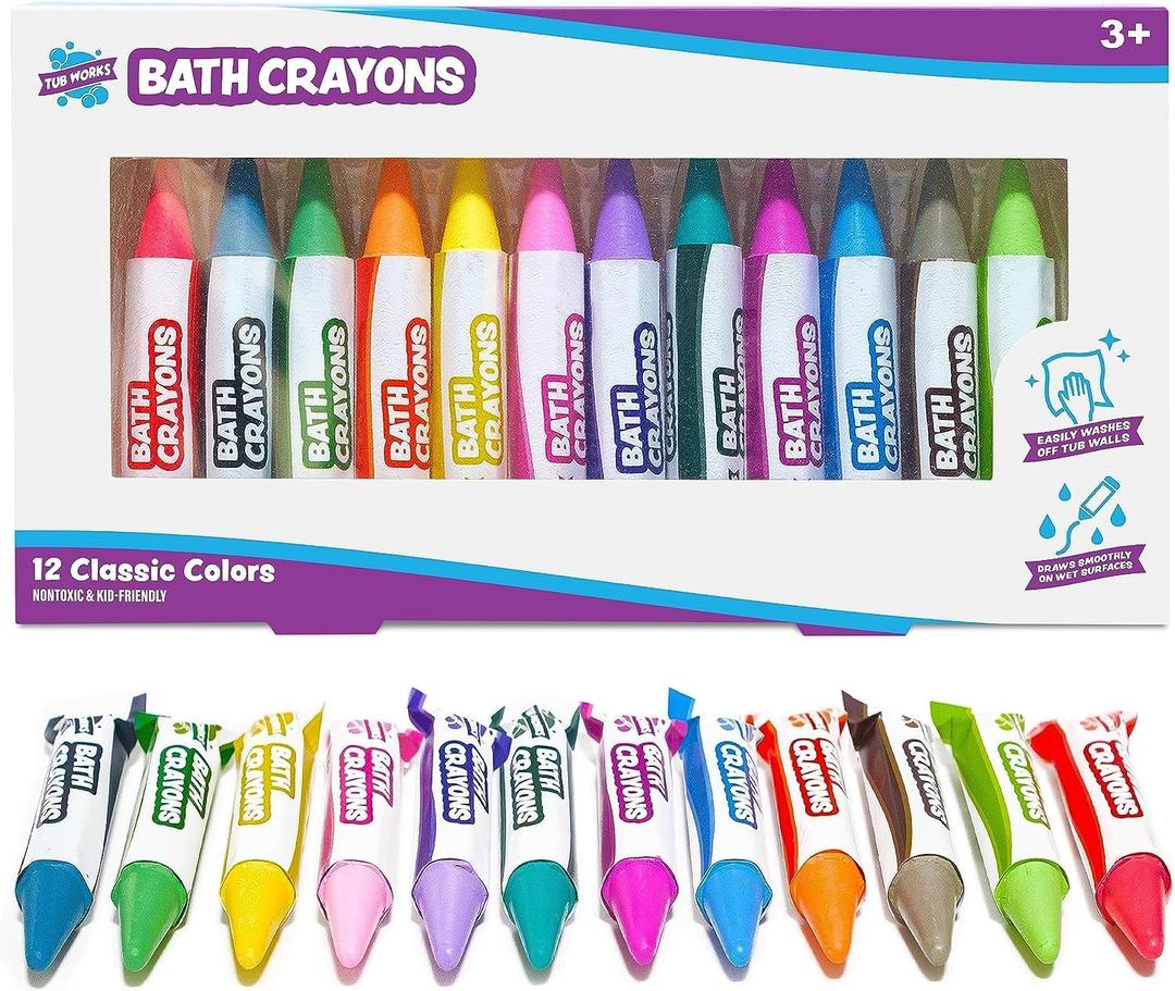 Tub Works Smooth Bath Crayons Bath Toy, 12 Pack | Nontoxic, Washable Bath Crayons for Toddlers & Kids | Unique Formula Draws Smoothly & Vividly on Wet & Dry Tub Walls | Hexagon Grip Bathtub Crayons