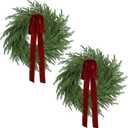 2 Pack Christmas Wreath for Front Door, Artificial Pine Cedar Holiday Wreath with Red Bow, Winter Greenery Wreath for Indoor Outdoor Home Decoration