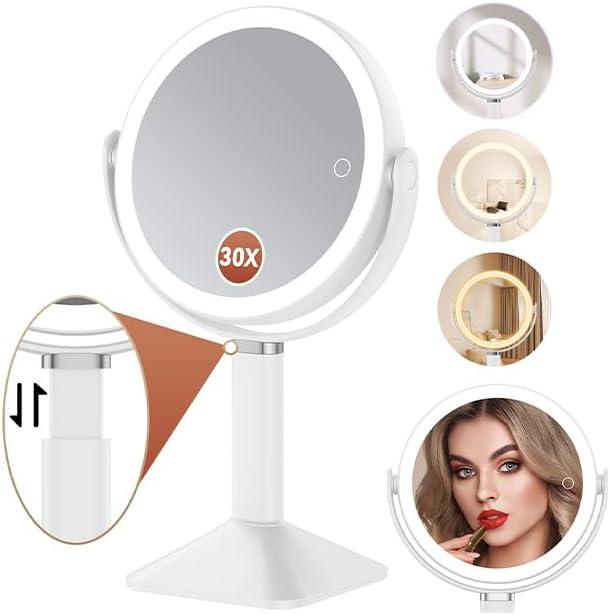 Lighted Makeup Mirror with Lights and Magnification 30X/1X, Height Adjustable 30X Magnifying Vanity Mirror with 4000mAh Battery & 3 Colors Dimming Light for Desktop Bathroom Bedroom (White)