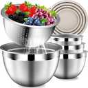 Stainles Steel Mixing Bowls with Lids Set, Stackable Metal Mixing Bowl with Strainer, 5-Piece - Beige