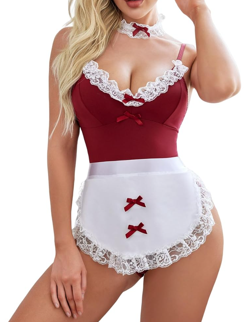 Avidlove Women Maid Costume Set Sexy Halloween Cosplay Lingerie Teddy and Apron with Choker
Size XXL