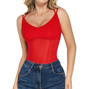 Popilush Women Mesh Shapewear Bodysuit Tummy Control Going Out Corset Tops Double Spaghetti Strap Body Suits (Small, Red)