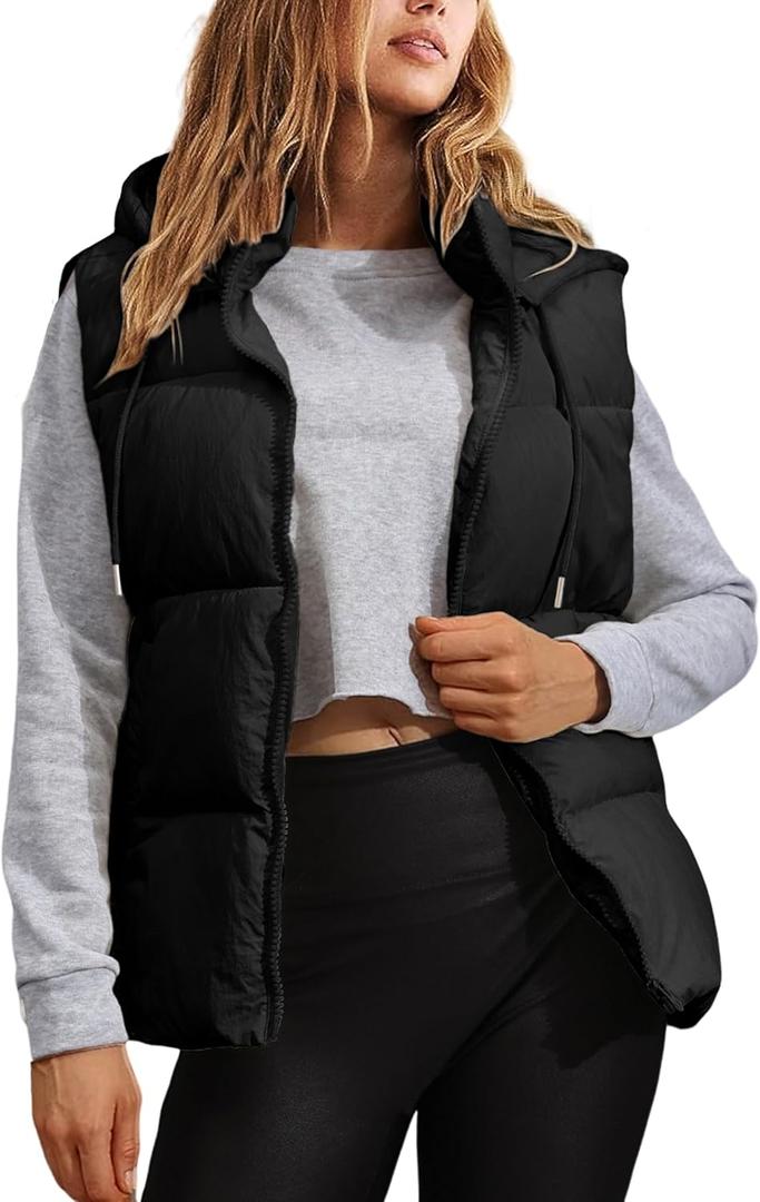 Tanming Black Puffer Vest Women Zip Up Lightweight Sleeveless Winter Outerwear Vests with Hood (X-Large)