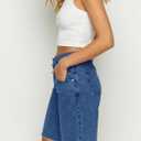 PLNOTME Womens Crossover Denim Shorts Summer Asymmetrical High Waisted Straight Leg Jean Shorts (Blue, M)