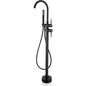 Freestanding Bathtub Faucet Floor Mount Free Standing Faucet Tub Filler Brass Bathroom Tub Faucets Swivel Gooseneck Spout with Hand Shower Mixer Taps Matte Black