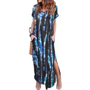 Arolina Women Summer Maxi Dress Short Sleeve V Neck Casual Loose Long Split Dresses Beach Vacation Sundress with Pockets (Blue, M)