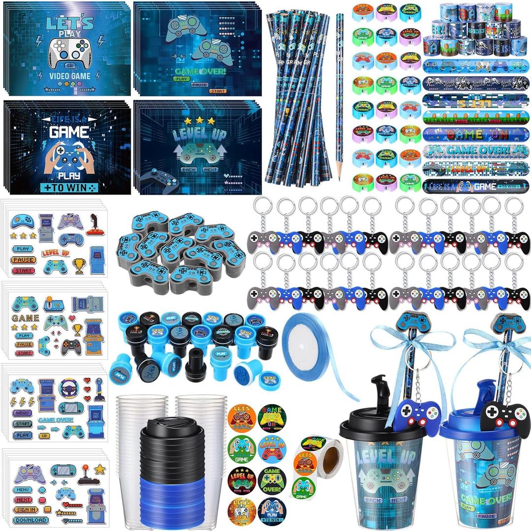 218 Pcs Video Game Party Favors Set Includes Drink Cup with Lid Game Card Pencil Sharpener Eraser Stickers Slap Bracelet Keychain Stamp Sticker Ribbon for Gamer Birthday Level Party